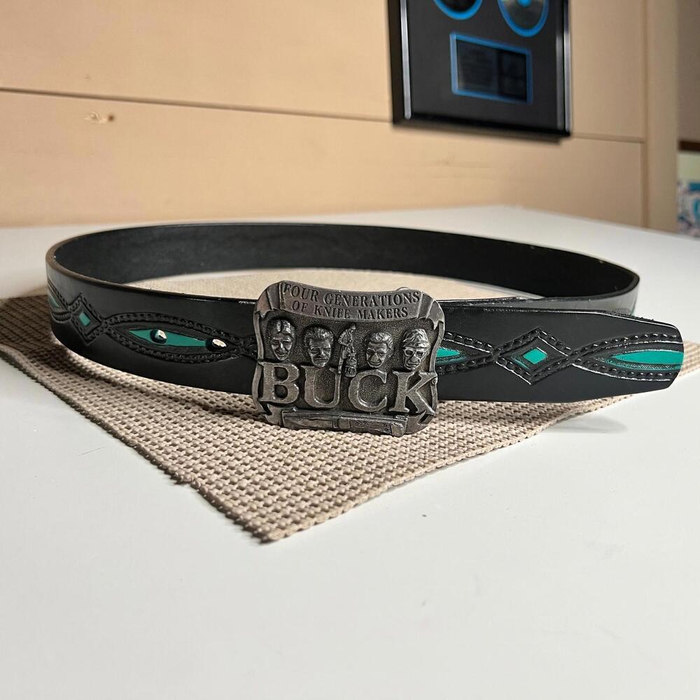VTG Buck Knives Leather Belt Black Turquoise‎ Inlay Buckle Four Generations USA